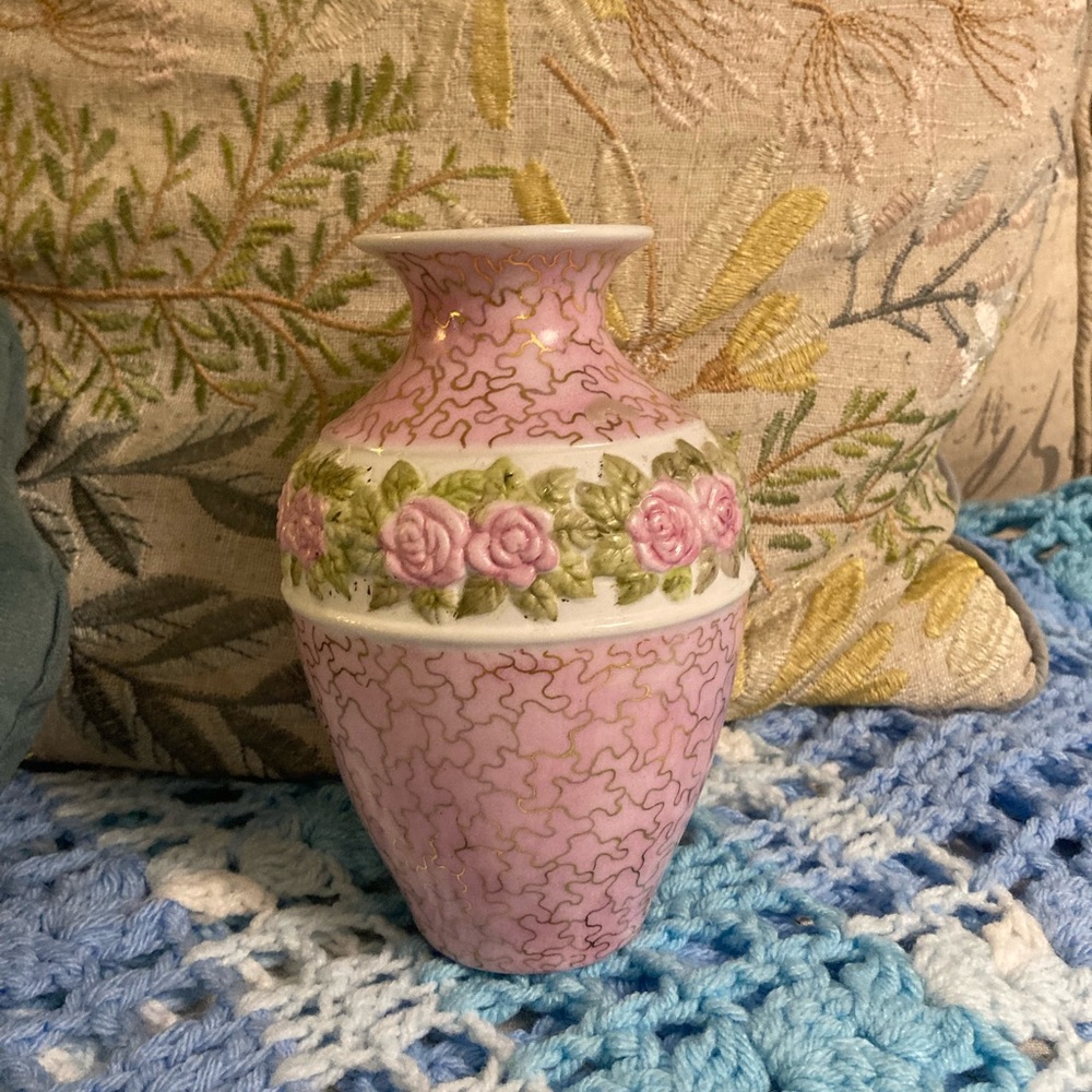 Mini Vintage Pink Vase with Floral Detailing